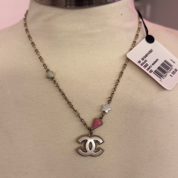 CHANEL Necklace 19p AB1049 Y47607 Z9052 Gold with pink and green shapes white CC - Picture 6 of 8